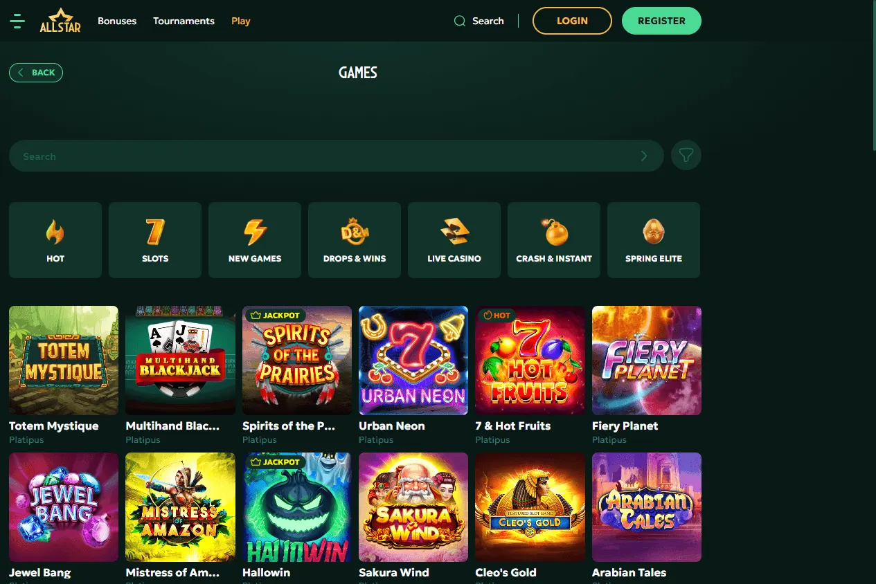 All Star Casino game area on desktop