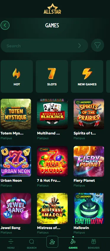 All Star Casino game area on a mobile device