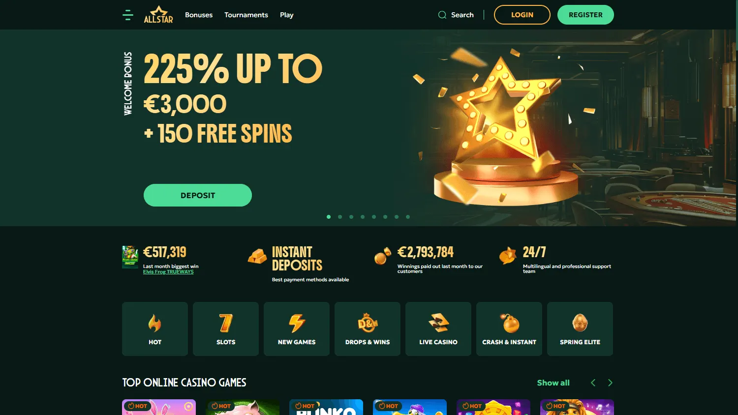All Star Casino home interface on desktop