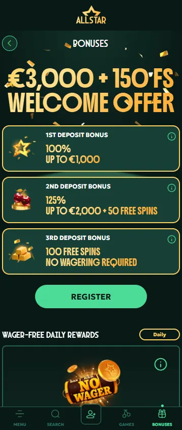 All Star Casino promotions area on a mobile device